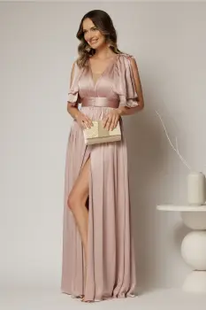 Rochie DY Fashion roz lunga de seara cu decolteu adanc si funde ample imagine
