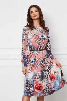 Rochie Dy Fashion roz somon cu imprimeu albastru si decupaj pe maneci imagine