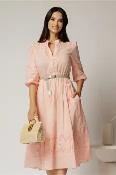 Rochie DY Fashion roz somon din bumbac cu insertii perforate si curea in talie imagine