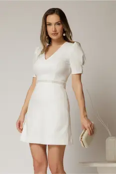Rochie DY Fashion scurta alba cu perle in talie si maneci scurte imagine