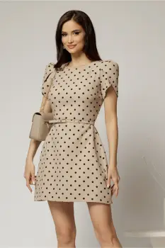 Rochie DY Fashion scurta bej cu buline si maneci tip lalea imagine