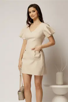 Rochie DY Fashion scurta bej cu croi drept si buzunare pe fusta imagine