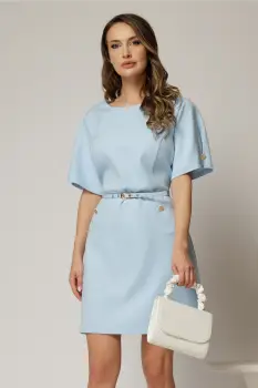 Rochie DY Fashion scurta bleu cu buzunare pe fusta si maneci scurte imagine