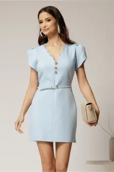 Rochie DY Fashion scurta bleu cu decolteu V si dantela imagine