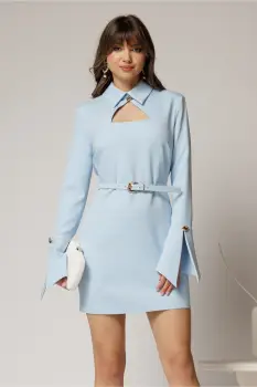 Rochie DY Fashion scurta bleu cu guler tip camasa si accesoriu imagine