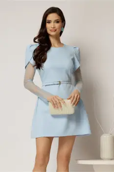 Rochie DY Fashion scurta bleu cu maneci din dantela si curea in talie imagine