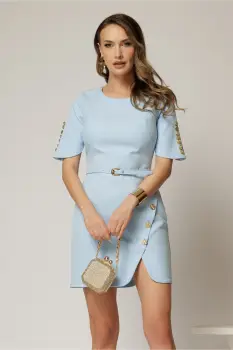 Rochie DY Fashion scurta bleu cu nasturi pe maneci si fusta imagine