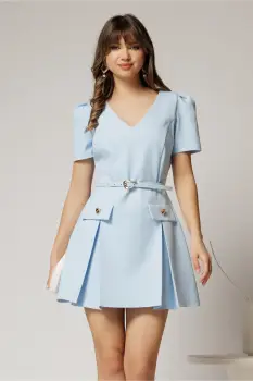 Rochie DY Fashion scurta bleu cu pliuri si decolteu in V imagine