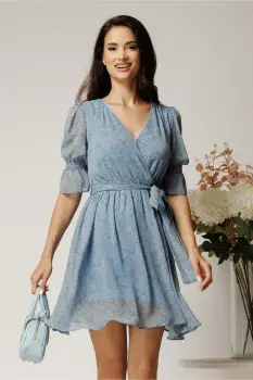 Rochie DY Fashion scurta bleu din voal cu imprimeu gri si cordon in talie imagine
