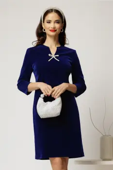 Rochie DY Fashion scurta bleumarin din catifea fixa cu funda perla imagine