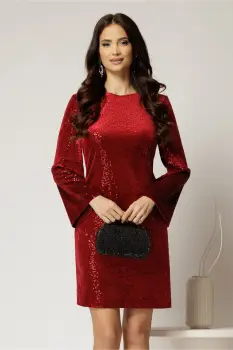 Rochie DY Fashion scurta bordo din catifea cu paiete si funda la spate imagine