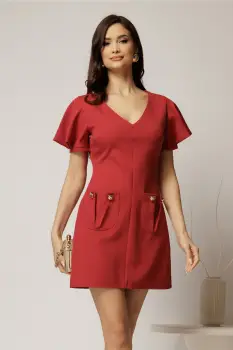 Rochie DY Fashion scurta caramizie cu croi drept si buzunare pe fusta imagine