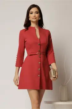 Rochie DY Fashion scurta caramizie cu inchidere cu nasturi si curea in talie imagine