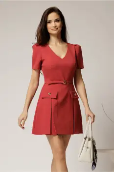 Rochie DY Fashion scurta caramizie cu pliuri si decolteu in V imagine