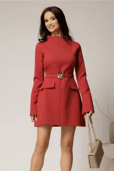 Rochie DY Fashion scurta caramizie din stofa cu clapete tip buzunare si curea in talie imagine