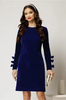 Rochie DY Fashion scurta din catifea fixa bleumarin cu funde pe maneci imagine