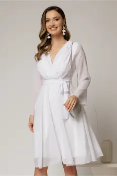 Rochie DY Fashion scurta din voal alb cu decolteu petrecut si cordon in talie imagine