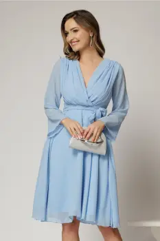 Rochie DY Fashion scurta din voal bleu cu decolteu petrecut si cordon in talie imagine