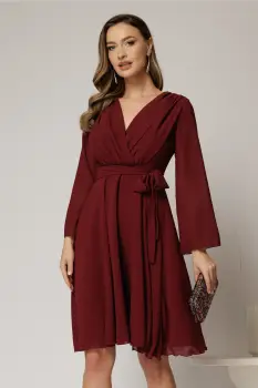 Rochie DY Fashion scurta din voal bordo cu decolteu petrecut si cordon in talie imagine
