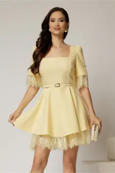 Rochie DY Fashion scurta galbena cu dantela la fusta si maneci imagine