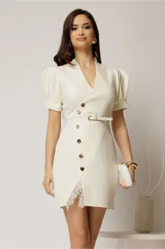 Rochie DY Fashion scurta ivoar cu decolteu petrecut cu nasturi si dantela la crepeu imagine
