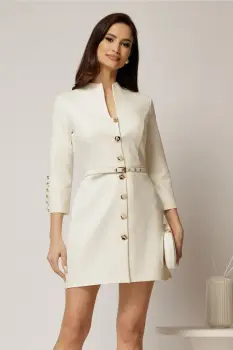Rochie DY Fashion scurta ivoar cu inchidere cu nasturi si curea in talie imagine