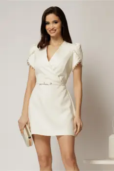 Rochie DY Fashion scurta ivoar cu maneci scurte cu perle si decolteu petrecut imagine