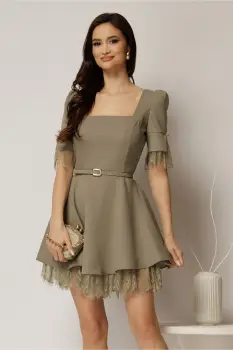 Rochie DY Fashion scurta kaki cu dantela la fusta si maneci imagine