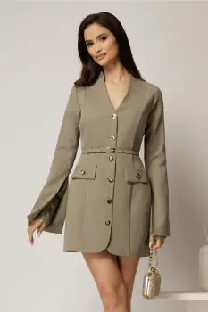 Rochie DY Fashion scurta kaki cu maneci crapate cu dantela imagine