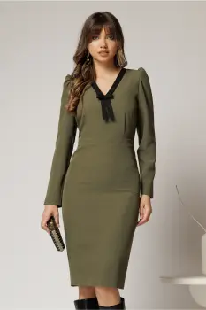 Rochie DY Fashion scurta kaki office conica cu decolteu in V si funda imagine
