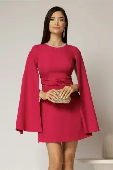 Rochie DY Fashion scurta magenta cu maneci lungi crapate si aplicatii la decolteu imagine