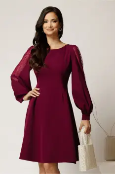 Rochie DY Fashion scurta magenta din stofa in clini cu maneci din tull cu buline imagine