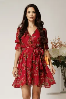 Rochie DY Fashion scurta magenta din voal cu imprimeu floral si fir lurex imagine