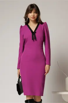 Rochie DY Fashion scurta magenta office conica cu decolteu in V si funda imagine