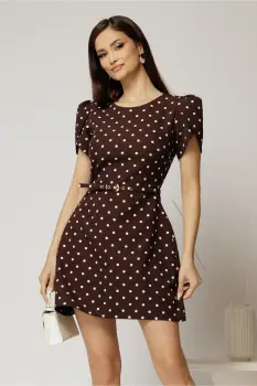 Rochie DY Fashion scurta maro cu buline si maneci tip lalea imagine