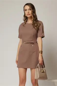 Rochie DY Fashion scurta maro cu buzunare pe fusta si maneci scurte imagine
