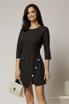 Rochie DY Fashion scurta neagra cu dungi si nasturi pe fusta imagine
