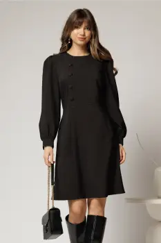 Rochie DY Fashion scurta neagra cu nasturi pe bust si fusta tip A imagine