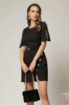 Rochie DY Fashion scurta neagra cu nasturi pe maneci si fusta imagine