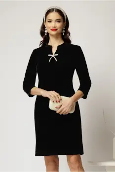 Rochie DY Fashion scurta neagra din catifea fixa cu funda perla imagine