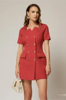 Rochie DY Fashion scurta rosu caramiziu tip sacou cu maneci scurte imagine