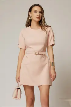 Rochie DY Fashion scurta roz cu buzunare pe fusta si maneci scurte imagine
