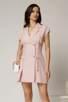 Rochie DY Fashion scurta roz cu croi cambrat tip sacou si snur pe talie imagine