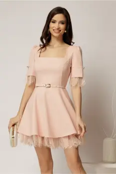 Rochie DY Fashion scurta roz cu dantela la fusta si maneci imagine