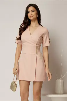 Rochie DY Fashion scurta roz cu decolteu petrecut si nasturi pe maneci imagine