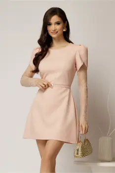 Rochie DY Fashion scurta roz cu maneci din dantela si curea in talie imagine