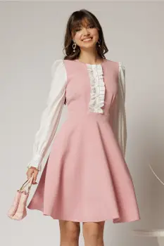 Rochie DY Fashion scurta roz cu maneci lungi din poplin si volanase imagine