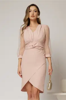Rochie DY Fashion scurta roz cu talia impletita si maneci bufante imagine