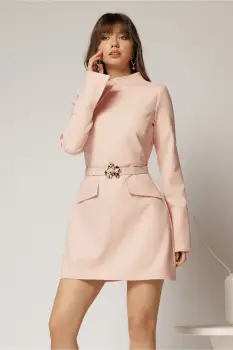 Rochie DY Fashion scurta roz din stofa cu clapete tip buzunare si curea in talie imagine