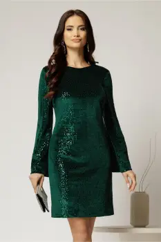Rochie DY Fashion scurta verde din catifea cu paiete si funda la spate imagine